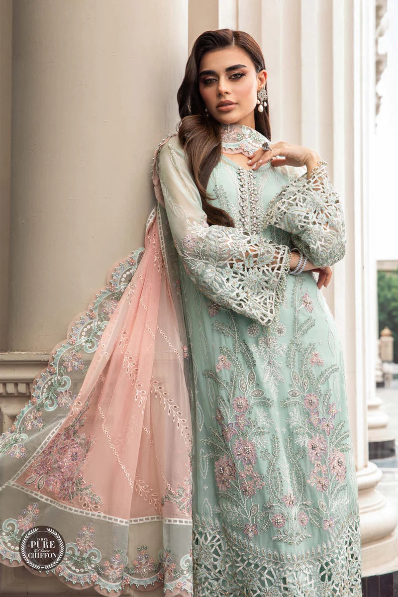 Off White Chiffon Sari - Maria B.- Indian Pakistani Designer