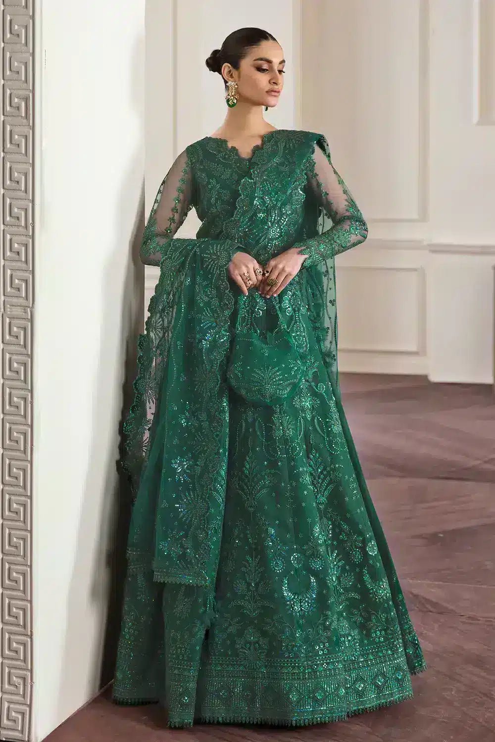 green emerald velvet dress Baroque Embroidered Net Unstitched 3 Piece Suit
