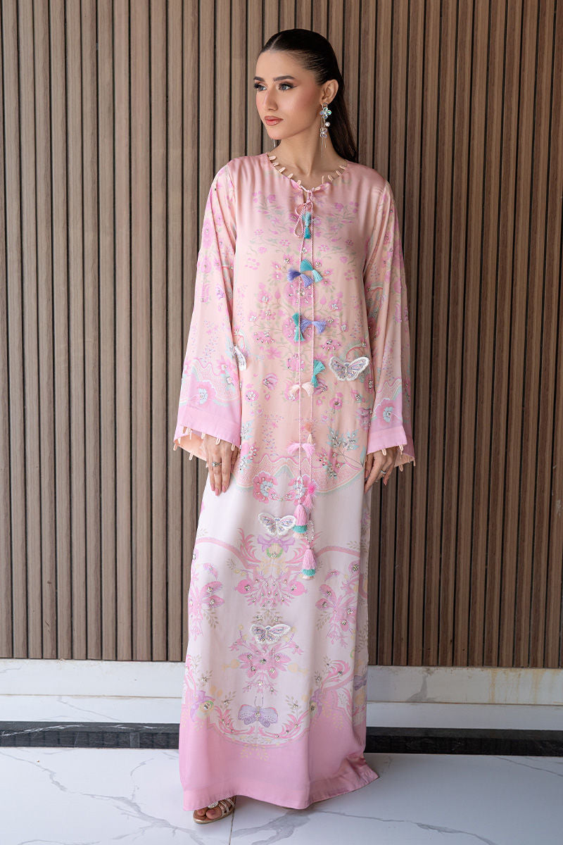 designer khan dress Fatima | Layan Printed Eid Edit kaffara laiba khan dress design Denim Dress + Leopard formal_black_dress Color:White-Kelly Green