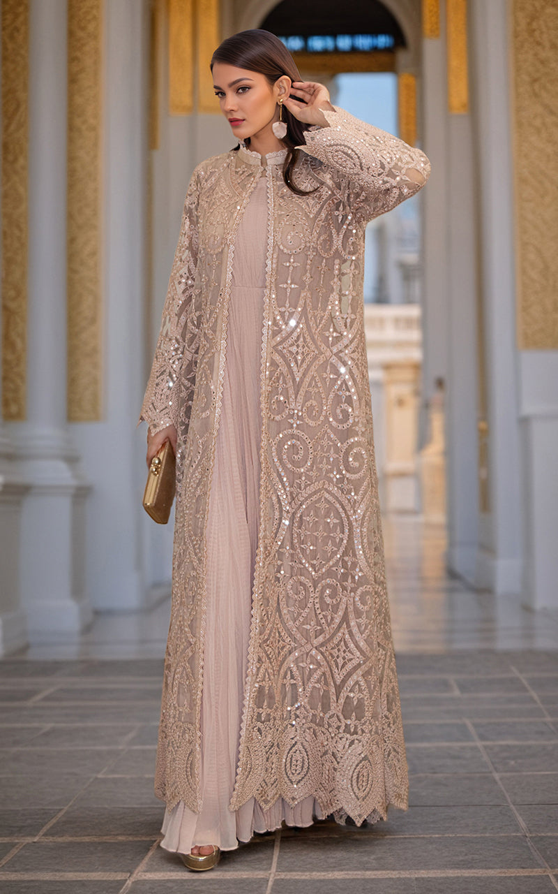 Threads and Motifs | Formal Dresses 25 | Organza Embroidered Jacket With Crushed Maxi S / Pale Brown / Organza Threads and Motifs | Formal Dresses 25 | Organza Embroidered Jacket With Crushed Maxi S / Pale Brown / Organza