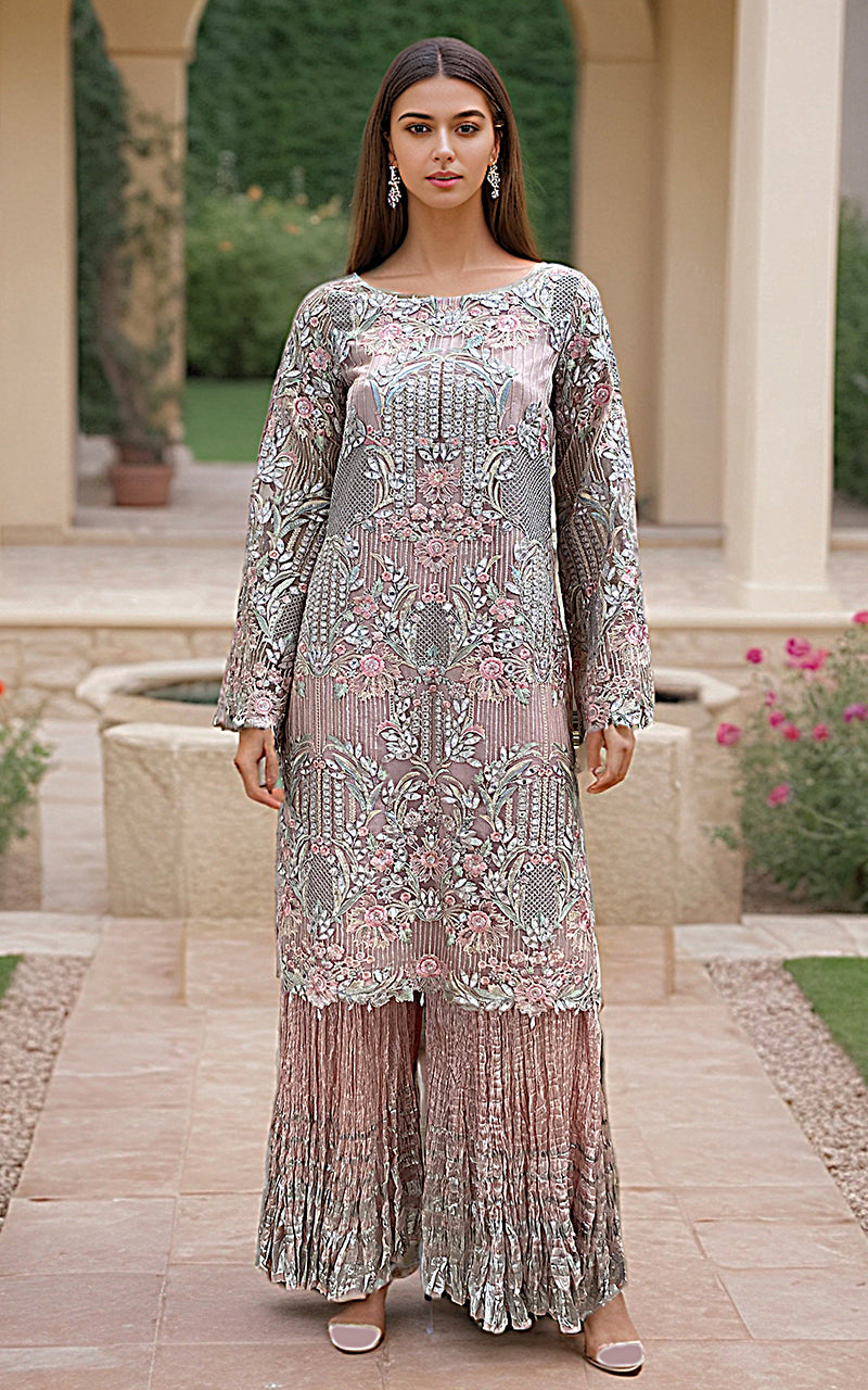 Threads and Motifs | Formal Dresses 25 | Embroidered Shirt With Dupatta And Gharara - S / Silver / Organza Threads and Motifs | Formal Dresses 25 | Embroidered Shirt With Dupatta And Gharara - S / Silver / Organza