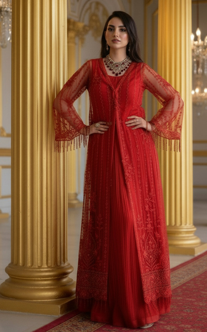 Threads and Motifs | Formal Dresses 25 | Net Embroidered Jacket With Trouser M / Red / Net Threads and Motifs | Formal Dresses 25 | Net Embroidered Jacket With Trouser M / Red / Net