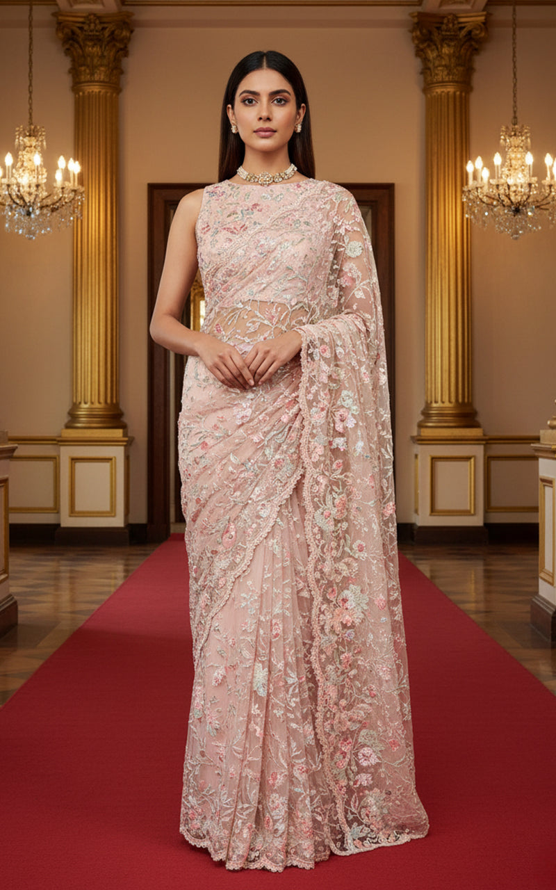 Threads and Motifs | Formal Dresses 25 | Embroidered Saree XS / Pale Peach Threads and Motifs | Formal Dresses 25 | Embroidered Saree XS / Pale Peach