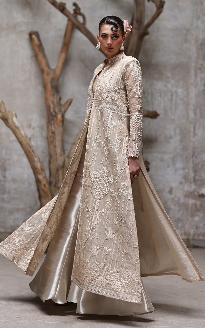 Threads and Motifs | Formal Dresses 25 | Net Embroidered Jacket with Gharara S / Pale Brown / Net