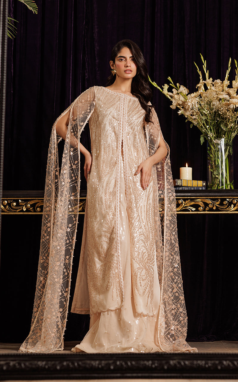 Threads and Motifs | Formal Dresses 25 | Net Embroidered Dress With Skirt S / Gold / Net Threads and Motifs | Formal Dresses 25 | Net Embroidered Dress With Skirt S / Gold / Net