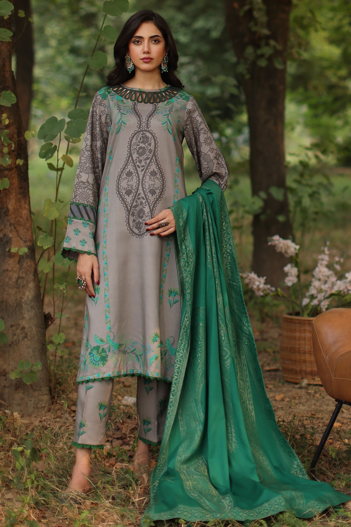 charizma green dress Charizma Unstitched Pakistani Lawn Suit with Chiffon Dupatta – Stilento main image 1