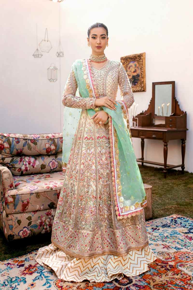 sage green pakistani wedding dress Aye Sage Green Pakistani Bridal Trail Gown with 3D Embellishments USA