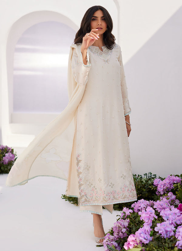 Farah Talib Aziz | Zaza Luxe Pret 24 | LYA IVORY EMBELLISHED RAW SILK SHIRT AND DUPATTA - Hoorain Designer Wear - Pakistani Ladies Branded Stitched Clothes in United Kingdom, United states, CA and Australia