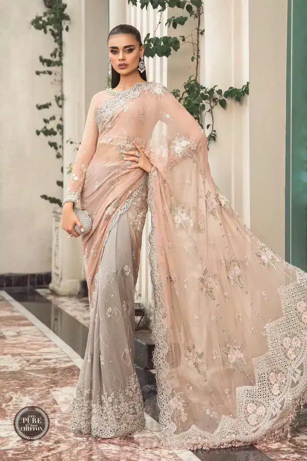 Maria B | Luxury Chiffon Collection | Peach And Grey - Hoorain Designer Wear - Pakistani Ladies Branded Stitched Clothes in United Kingdom, United states, CA and Australia