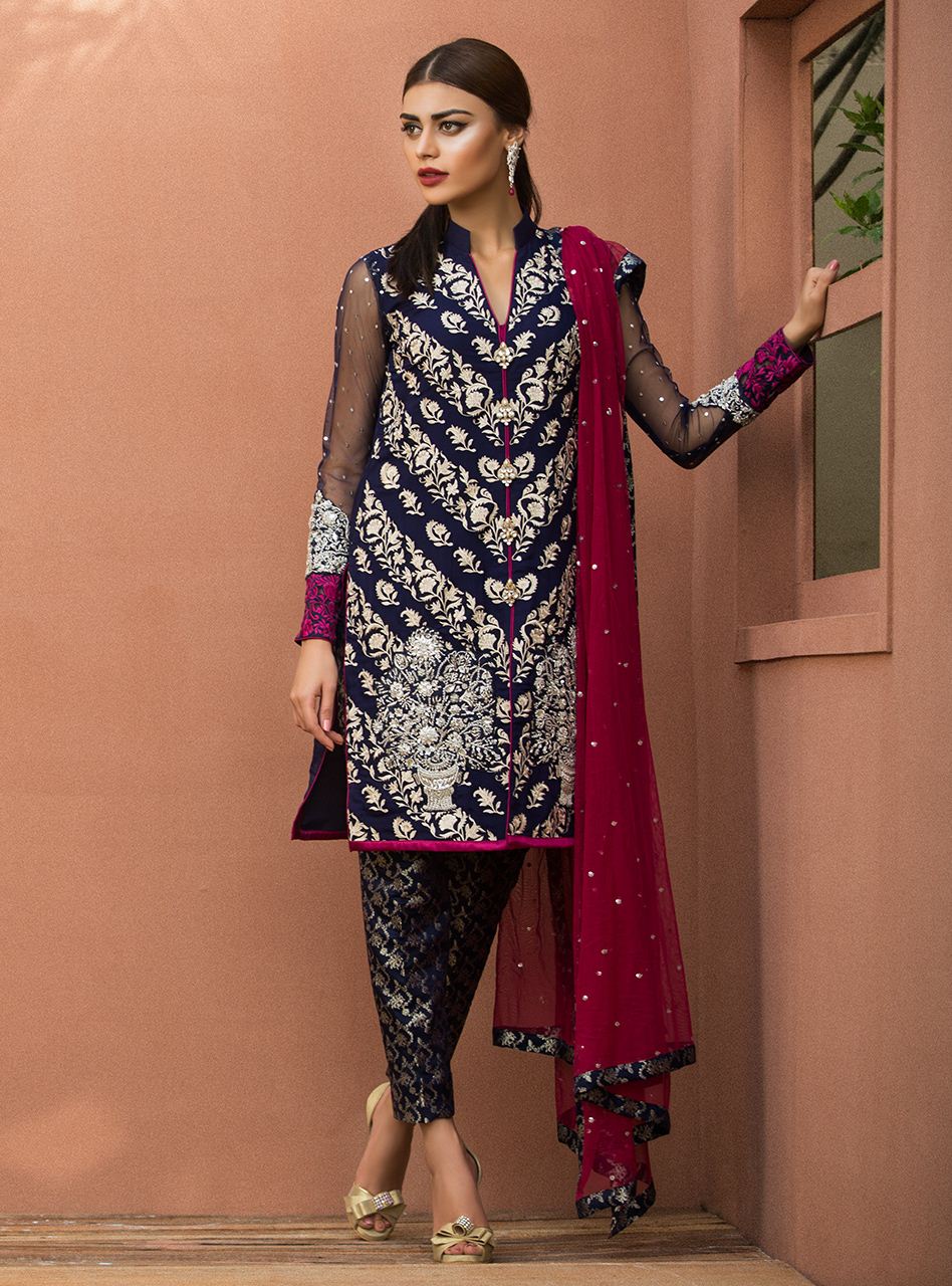 Zainab Chottani | Semi Formals | NAVY BLUE FLORAL DRESS