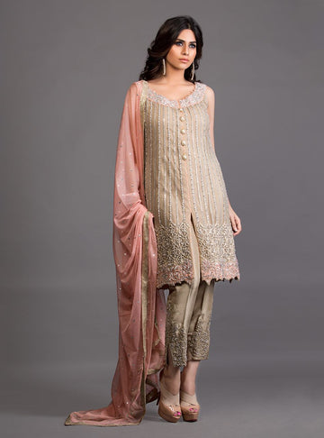 Zainab Chottani | Semi Formals | BEIGE FRONT OPEN EMBELLISHED ENSEMBLE