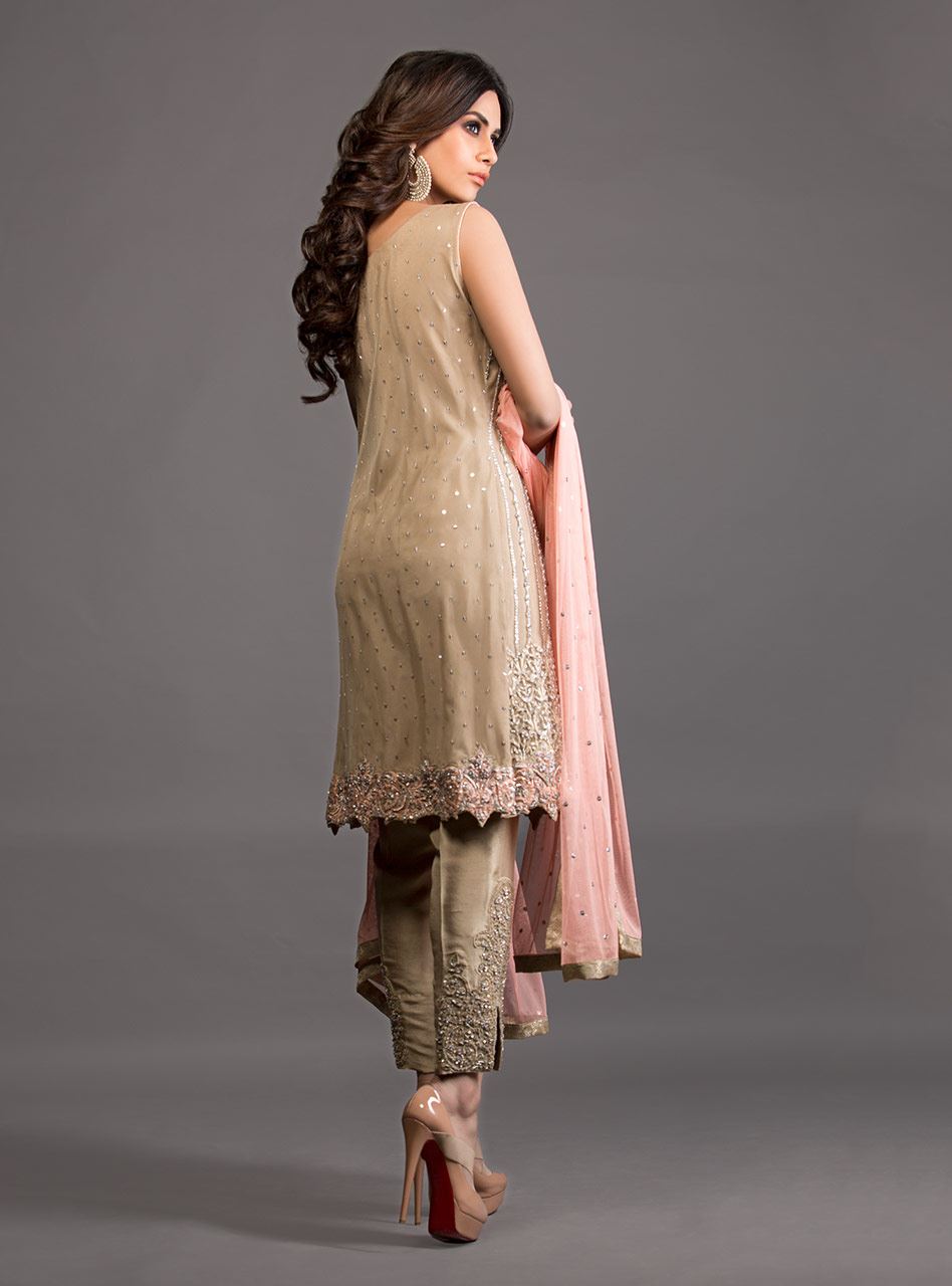 Zainab Chottani | Semi Formals | BEIGE FRONT OPEN EMBELLISHED ENSEMBLE