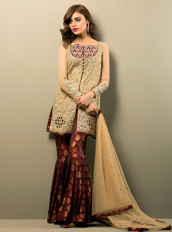 Zainab Chottani | Semi Formals | BEIGE GOLD AND MAROON