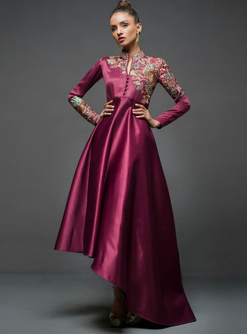 Zainab Chottani | Semi Formals | MAROON GOWN ASYMMETRICAL