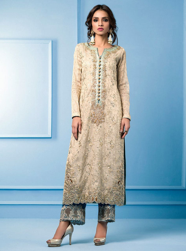 Zainab Chottani | Semi Formals | BEIGE AND TURQUOISE