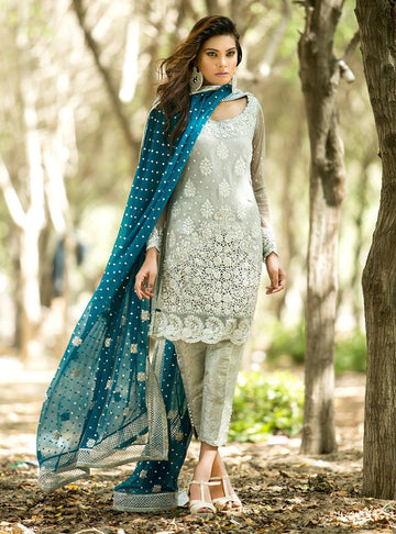 Zainab Chottani | Semi Formals | SILVER AND TEAL DRESS