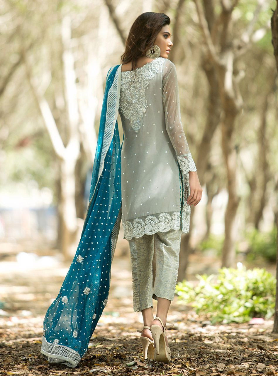 Zainab Chottani | Semi Formals | SILVER AND TEAL DRESS