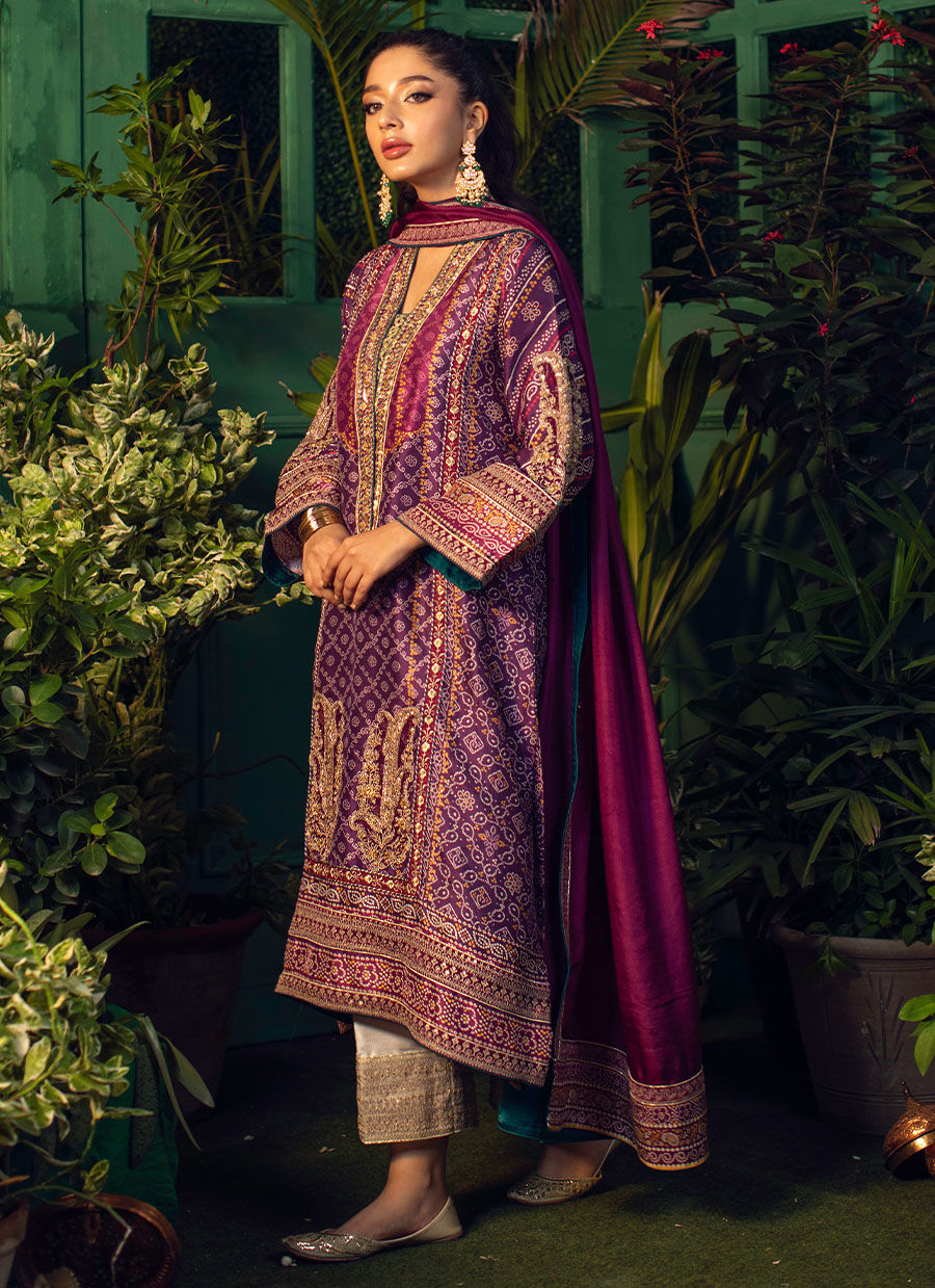 Farah Talib Aziz | Designer Picks 24 | SETAREH PURPLE CHUNRI KURTA WITH PURE SILK OMBRE DUPATTA