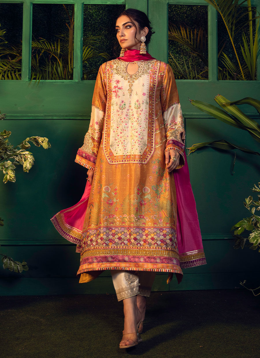 Farah Talib Aziz | Designer Picks 24 | ROSHAN PRINTED RAW SILK KURTA WITH SILK OMBRE DUPATTA