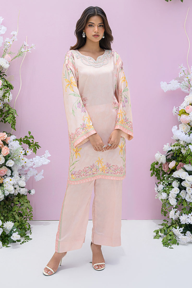 Fatima Khan | Eid Digital Silk Prints | Peach Blossoms