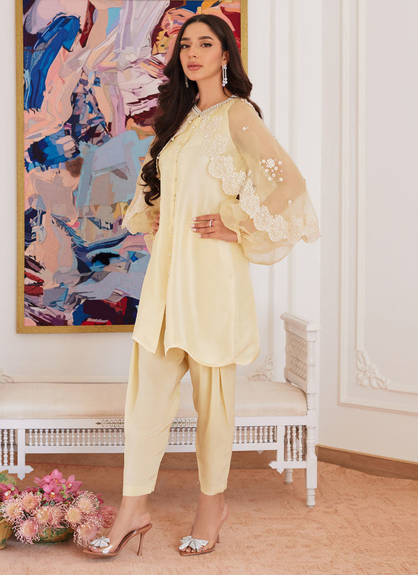 Farah Talib Aziz | Luna Eid Collection 24 | ESMERALDA PASTEL YELLOW - Hoorain Designer Wear - Pakistani Ladies Branded Stitched Clothes in United Kingdom, United states, CA and Australia