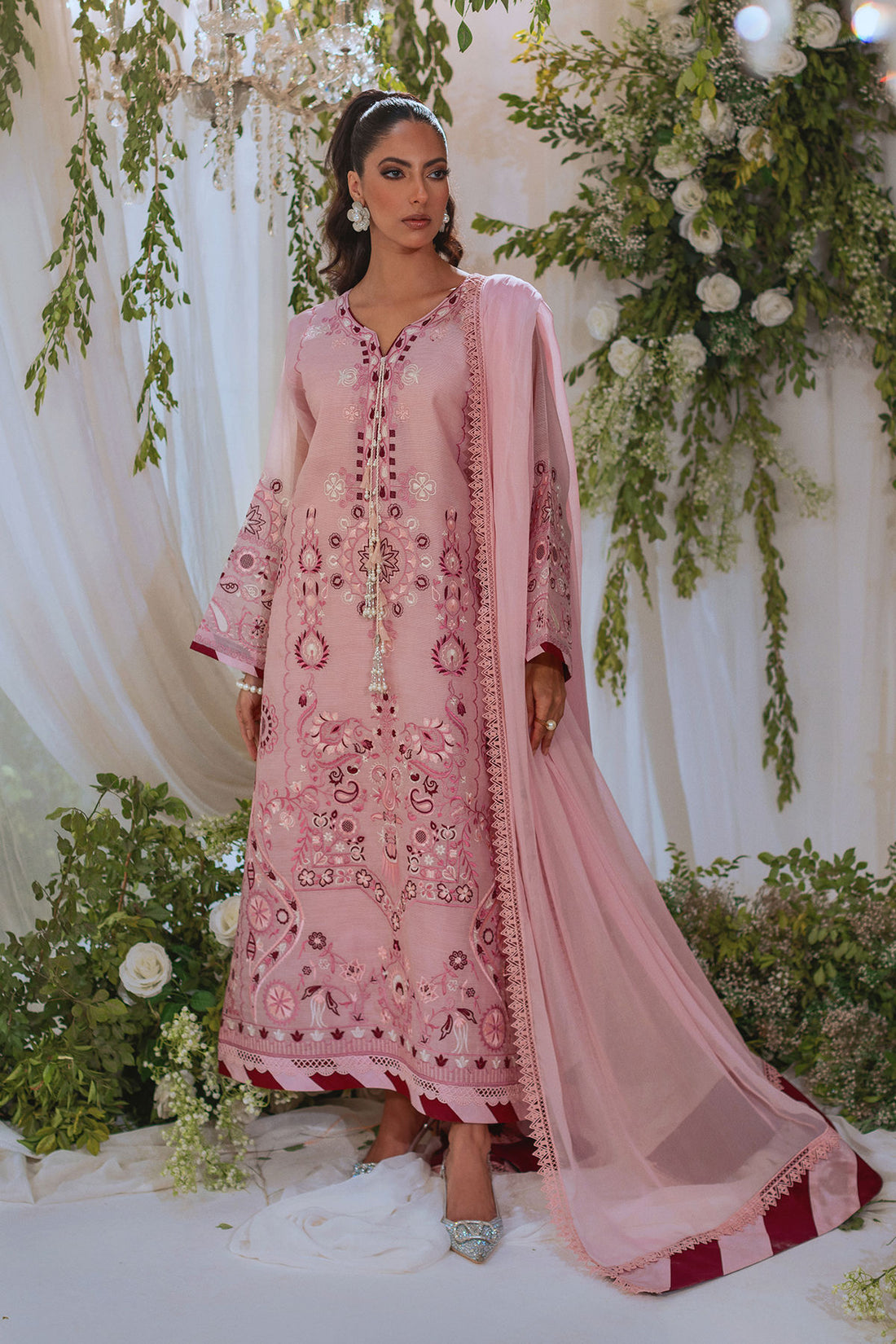 tea pink color pakistani dress Tea Pink Embroidered Pakistani Frock Dupatta Party Wear MEDIUM