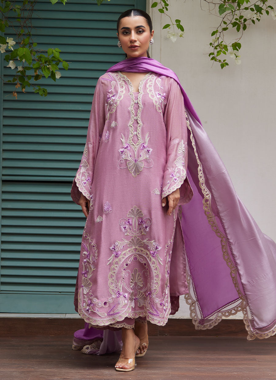 Farah Talib Aziz | Designer Picks 24 | IVAN MAUVE EMBROIDERED COTTON NET SHIRT WITH MEDIUM SILK DUPATTA