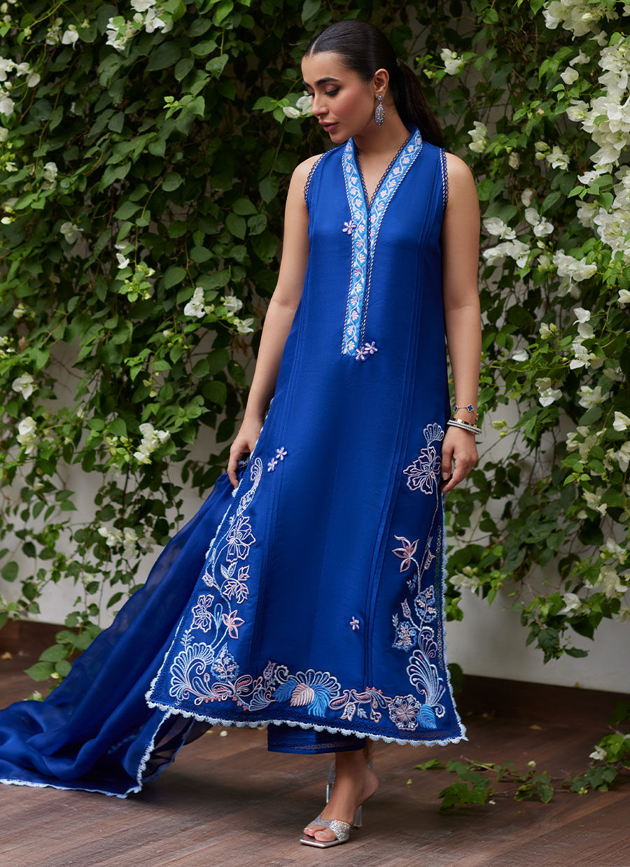 Farah Talib Aziz | Designer Picks 24 | INGA INK BLUE EMBROIDERED RAW SILK SHIRT AND DUPATTA