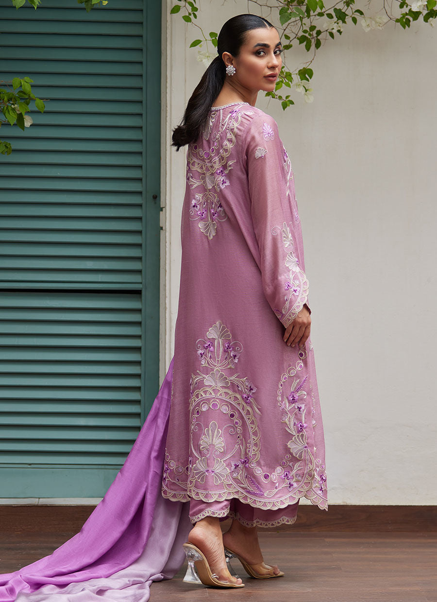 Farah Talib Aziz | Designer Picks 24 | IVAN MAUVE EMBROIDERED COTTON NET SHIRT WITH MEDIUM SILK DUPATTA