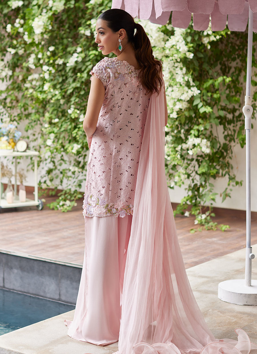 Farah Talib Aziz | Designer Picks 24 | KARINA BLUSH SCHIFFLI RAW SILK SHIRT WITH PRE-DRAPED DUPATTA