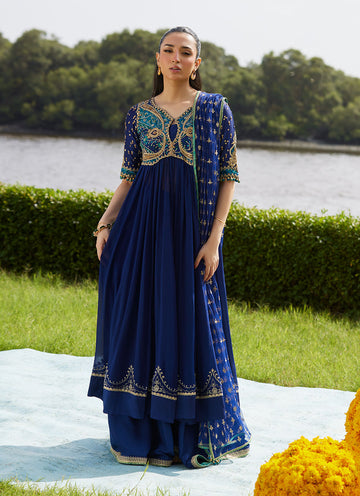 Farah Talib Aziz | Mayna Festive Luxe Pret | Zari Navy Kalidaar And Dupatta