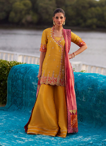 Farah Talib Aziz | Mayna Festive Luxe Pret | Henna Saffron Angharkha And Dupatta