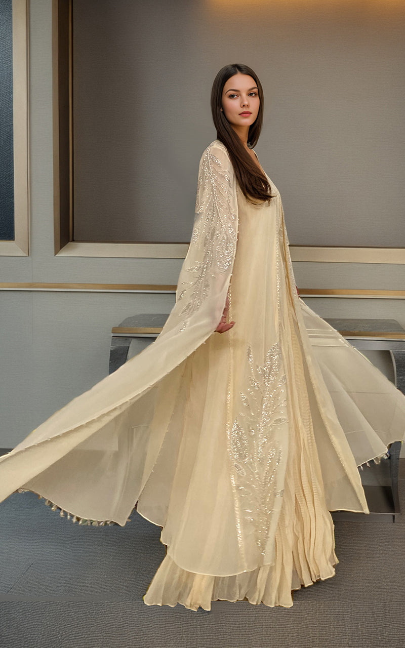Threads and Motifs | Formal Dresses 25 | Chiffon Embroidered Cape With Crushed Maxi