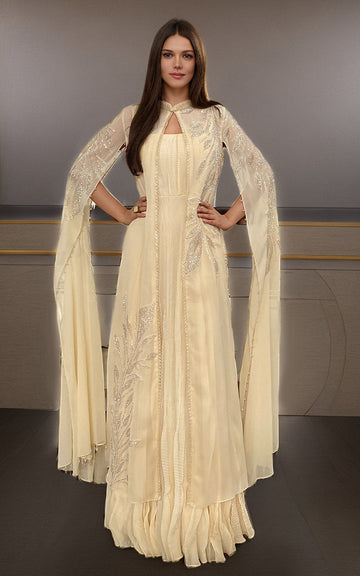 Threads and Motifs | Formal Dresses 25 | Chiffon Embroidered Cape With Crushed Maxi