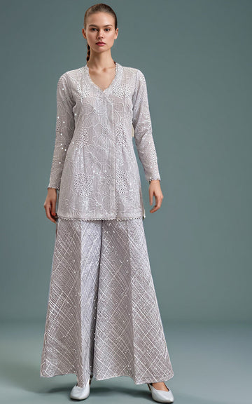 Threads and Motifs | Formal Dresses 25 | Chiffon Chikankari Embroidered Angrakha with Net embroidered trouser