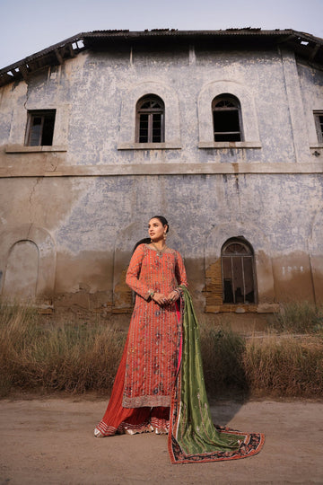 Wahaj M Khan | Banno Wedding Formals |Peachy Rust Printed Set