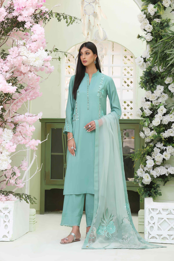 Wahajmkhan | Sitara Formals | SEA GREEN RAWSILK OUTFIT - Pakistani Clothes for women, in United Kingdom and United States