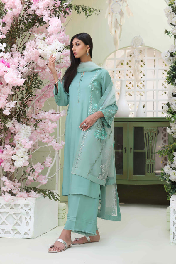 Wahajmkhan | Sitara Formals | SEA GREEN RAWSILK OUTFIT - Pakistani Clothes for women, in United Kingdom and United States