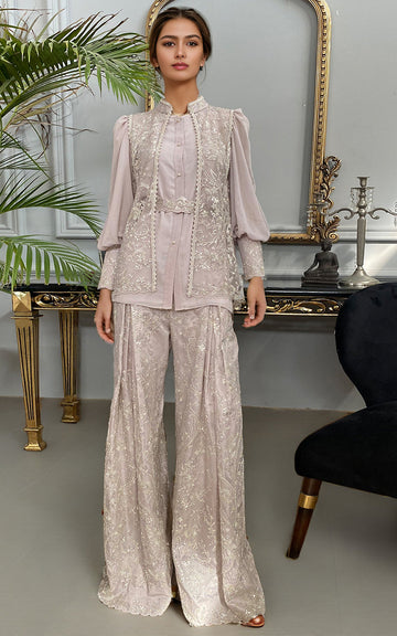 Threads and Motifs | Formal Dresses 25 | Net Embroidered Jacket With Chiffon Shirt And Embroidered Trouser