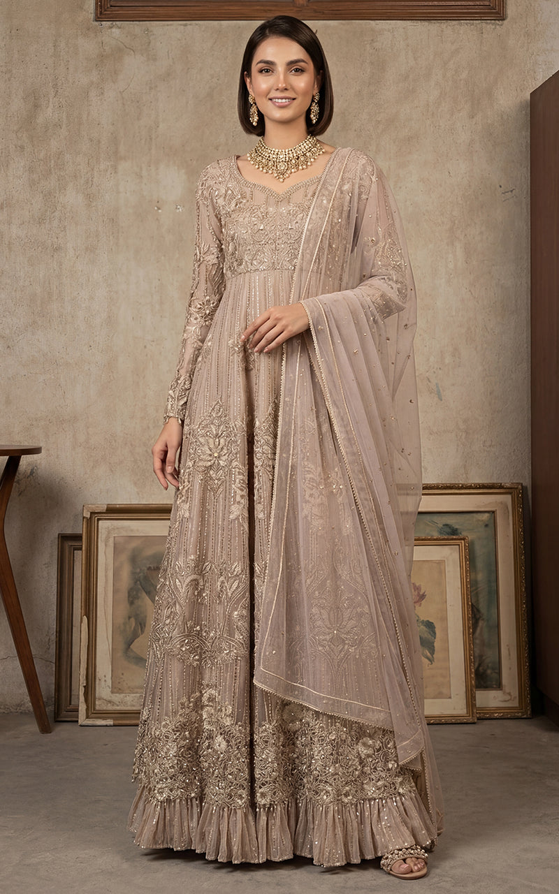 slim fit dress slacks Traditional Pakistani Bridal Dress in Golden Maxi Style Online – Nameera by  Farooq main image 1