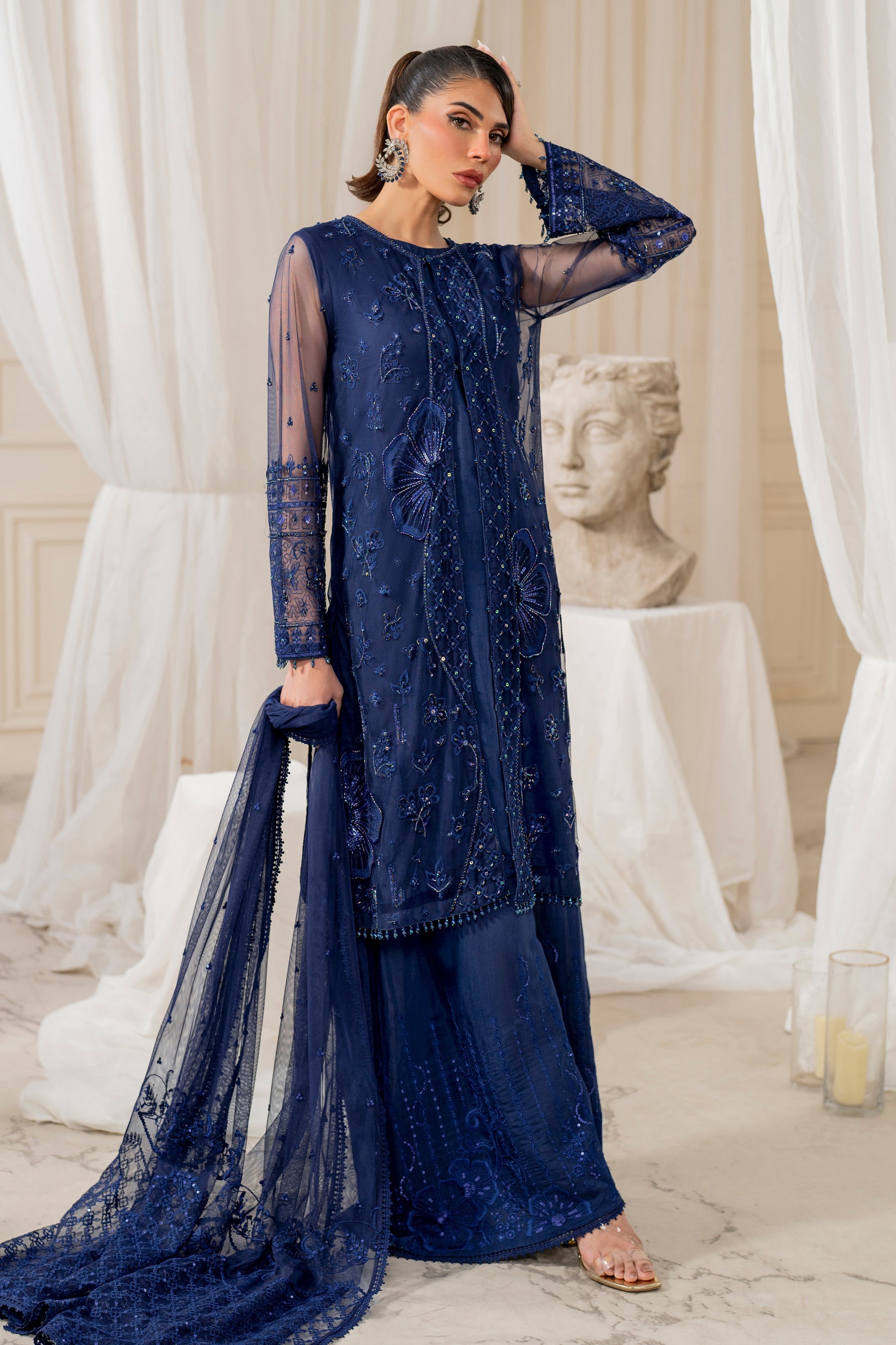 long blue gingham dress Naqshi | Lamour Evening Formals