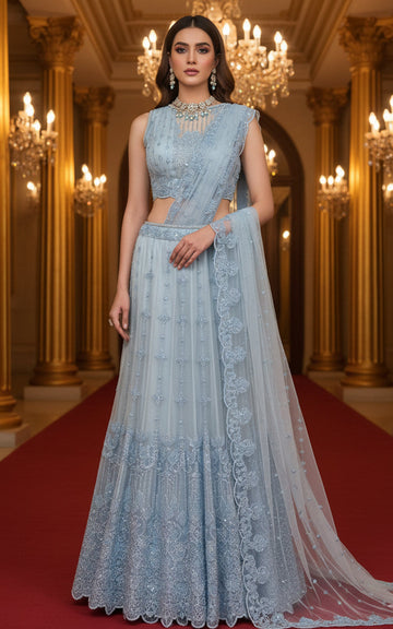 Threads and Motifs | Formal Dresses 25 | Embroidered Blouse With Skirt Saree M / Light Blue Gray Threads and Motifs | Formal Dresses 25 | Embroidered Blouse With Skirt Saree M / Light Blue Gray