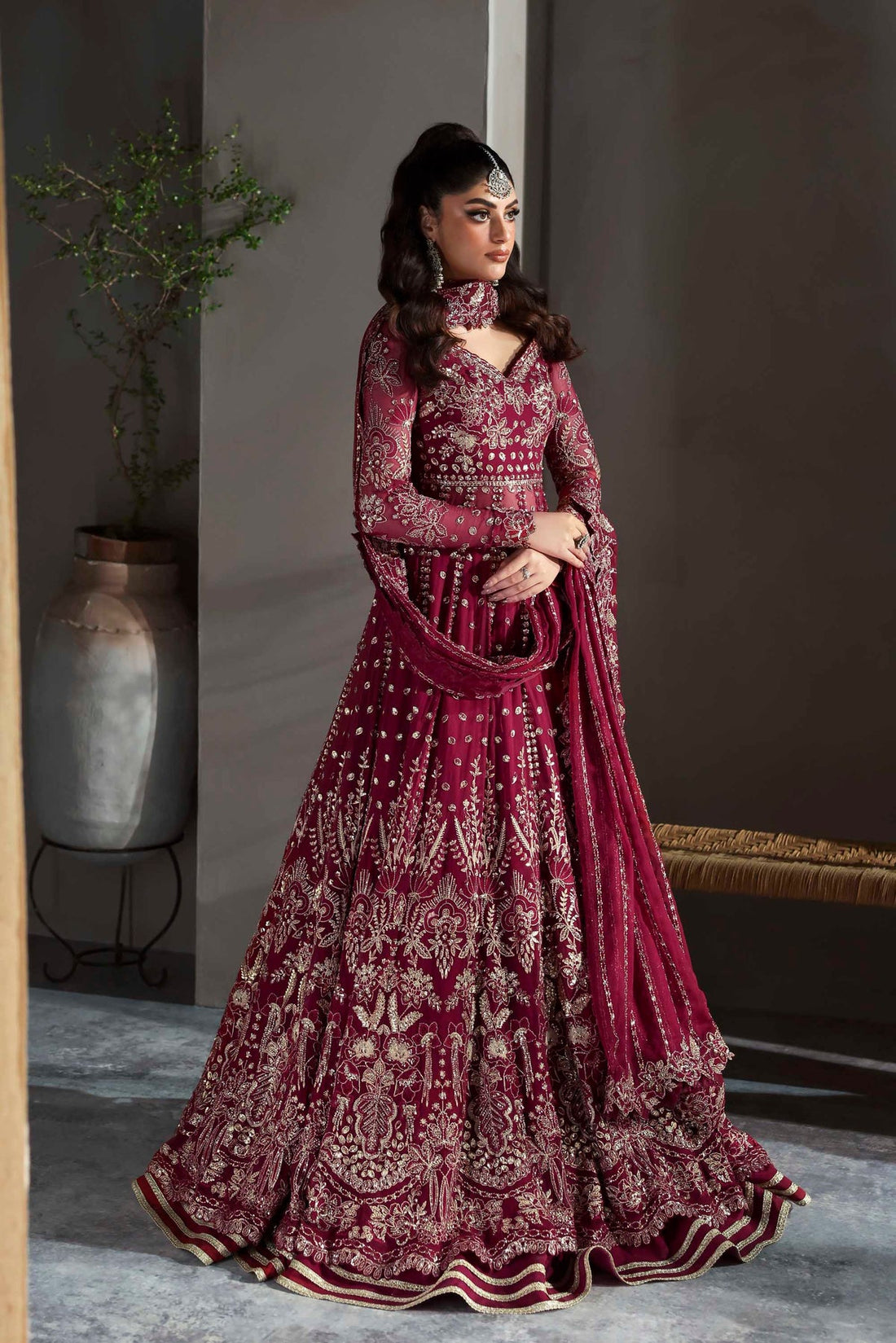 maroon chiffon dress pakistani Deep Maroon Chiffon Heavy Embroidered Straight Cut Luxury Wedding Wear