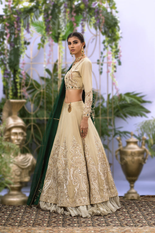 Wahaj M.Khan | Nureh Wedding Formals | Ivory and Jade Lenga Choli