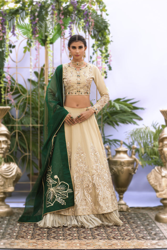 Wahaj M.Khan | Nureh Wedding Formals | Ivory and Jade Lenga Choli