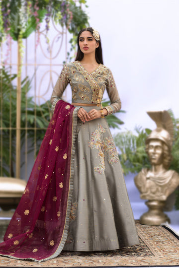 Wahaj M.Khan | Nureh Wedding Formals | Grey and Magenta Lenga Choli