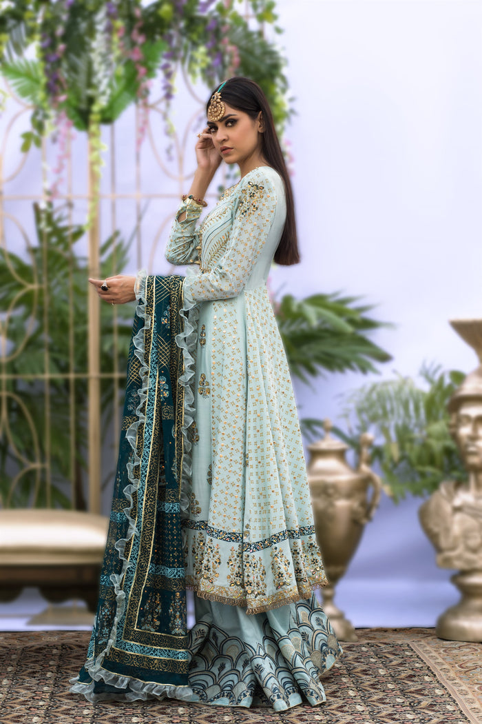 Wahaj M.Khan | Nureh Wedding Formals | Ferozi and Teal BlockPrint Angarkha