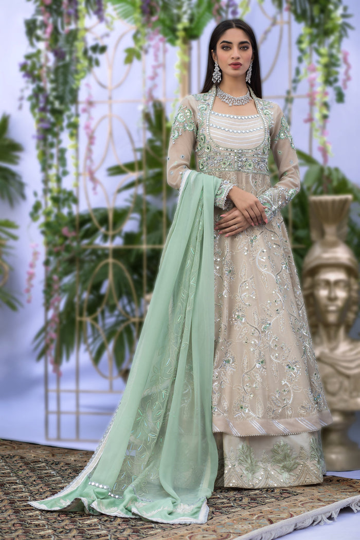 Wahaj M.Khan | Nureh Wedding Formals | Ivory and Mint Green Anarkali