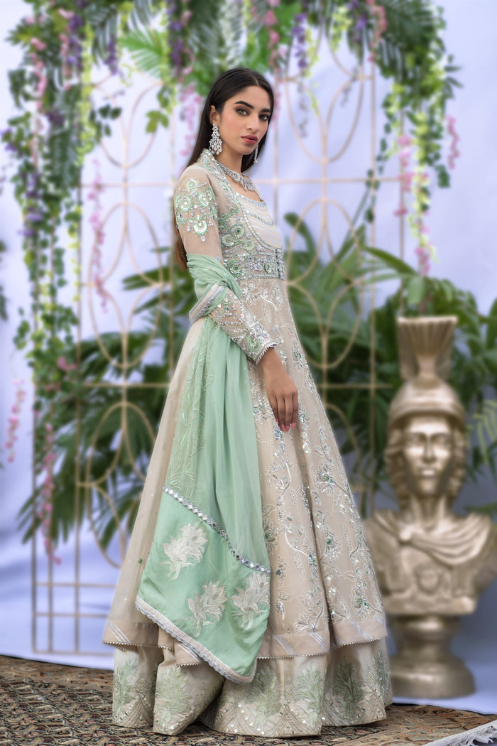 Wahaj M.Khan | Nureh Wedding Formals | Ivory and Mint Green Anarkali