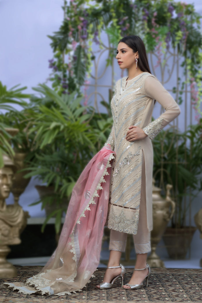 Wahaj M.Khan | Nureh Wedding Formals | Ivory and Candy Pink Straight Shirt